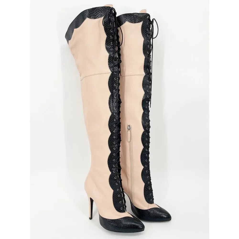 Gucci Harriet Light Rose Black Leather Lace Up Over The Knee Heeled Boots EU 38